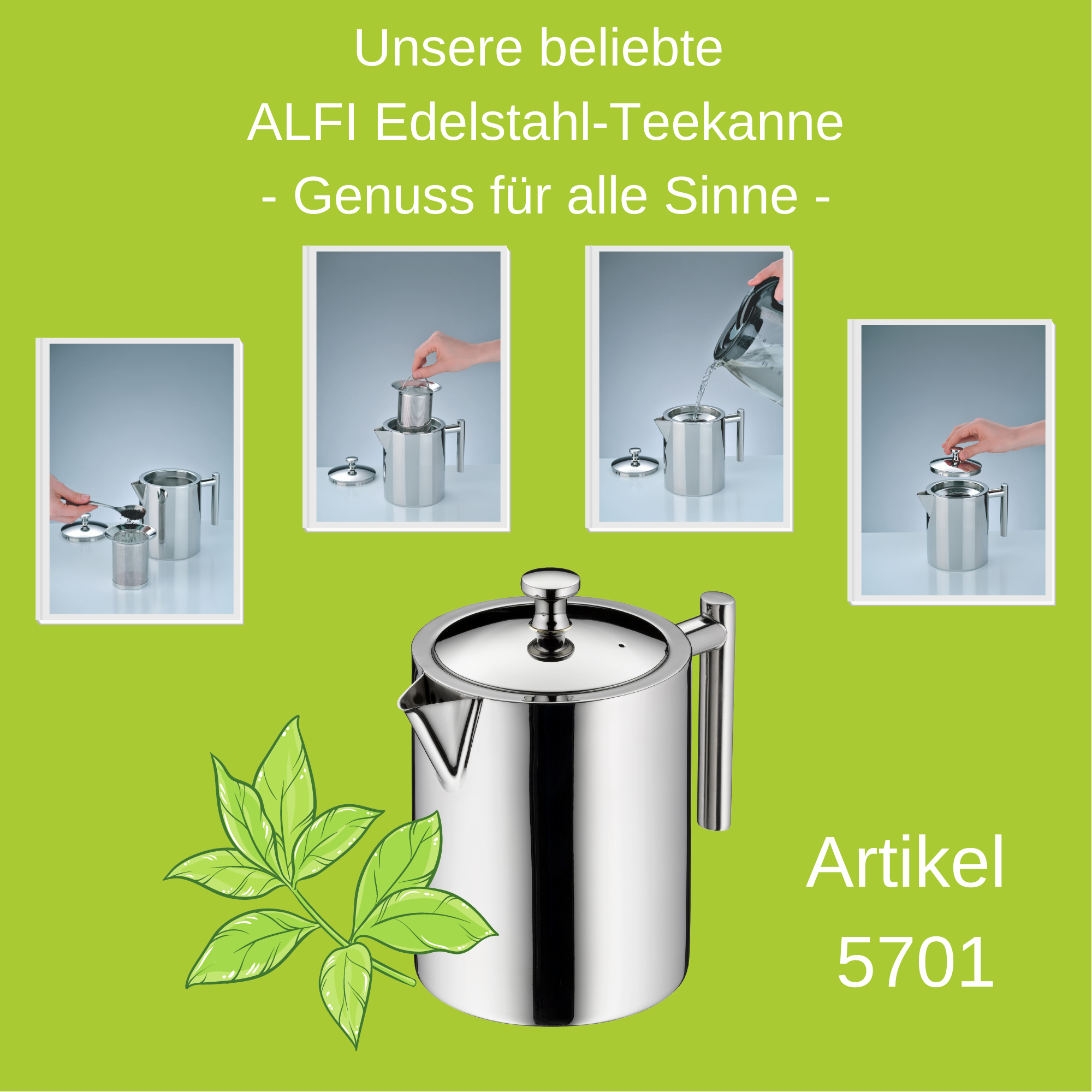 5701 – ALFI Teekanne – Edelstahl mit Sieb – 1,3 ltr. - Teehaus Ernst Janssen
